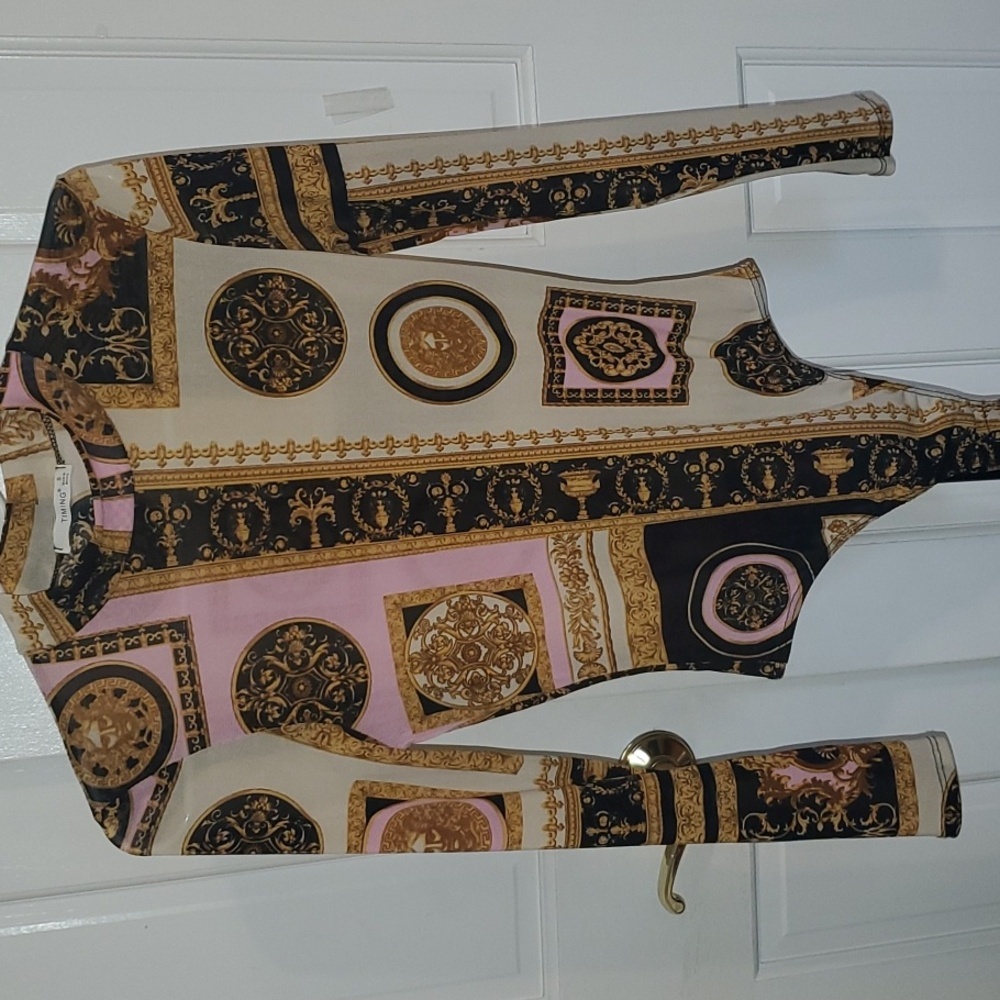 TIMING Small mock neck black pink cream and gold bodysuit